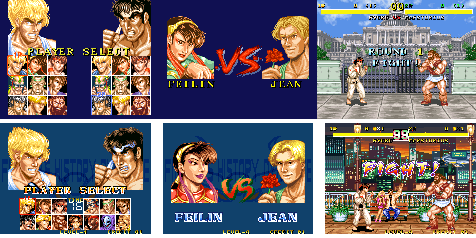 Screenshot comparison between the character select and 'FIGHT!' text in Fighter's History (top row) and Fighter's History Dynamite (bottom row)